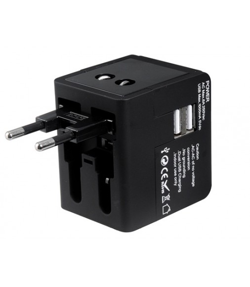 Dual USB Universal World Travel Power Adapter with AU/US/EU/UK Plugs & LED Indicator Light (Black)