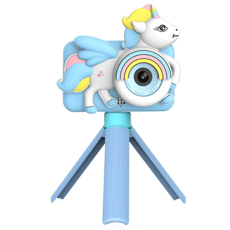 D32 Cartoon Design 2-inch Screen Children HD Dual Lens Camera with Tripod - Blue