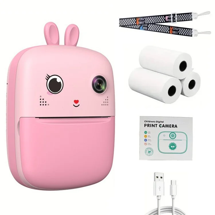 S6 Cute Cartoon 2.4-inch Screen Dual Lens Kids Digital Camera Instant Thermal Photo Printer with 32G TF Card + Card Reader - Pink