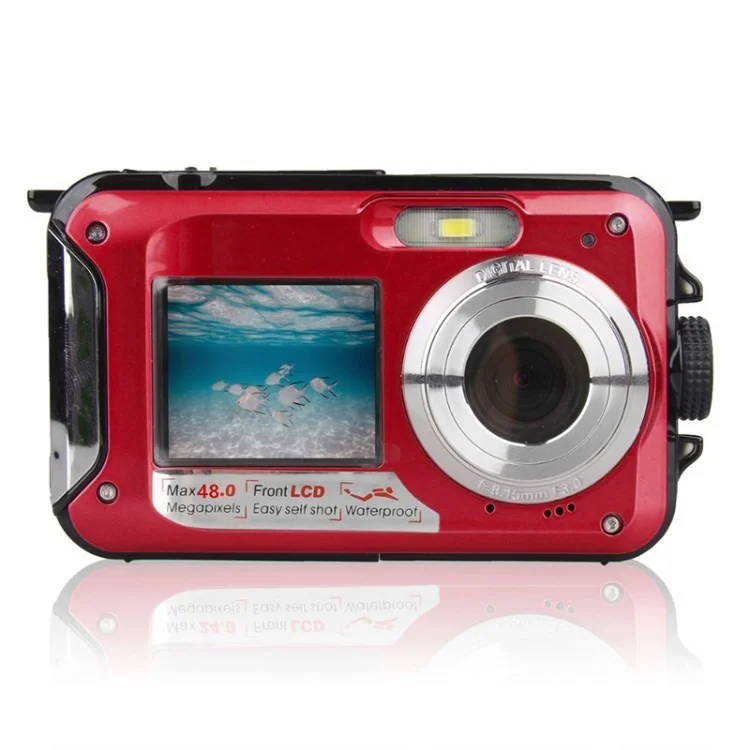 HD368 Waterproof Digital Camera Full HD 2.7K 48MP 16X Underwater Camera with Dual Screen - Red